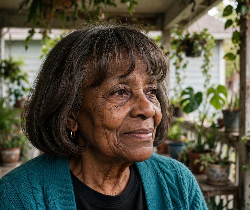 Black woman in her early sixties with a chin-length bob and soft bangs wearing a teal cardigan on a home porch