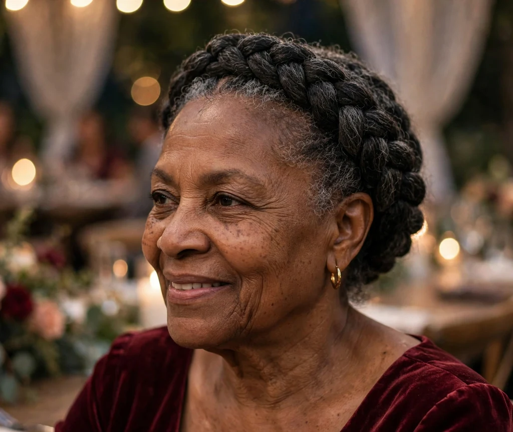 Black woman in her late fifties with a regal braided crown wearing a burgundy dress at a wedding reception