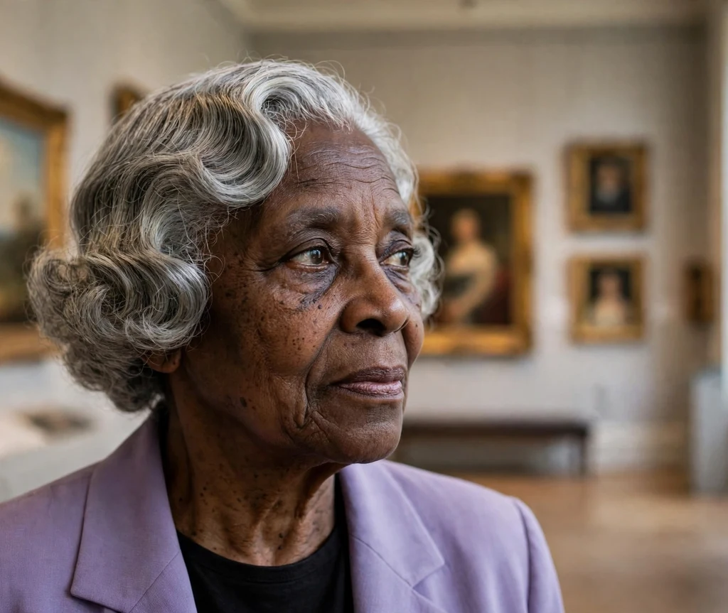 Black woman in her late sixties with soft silver finger waves wearing a lavender suit at a museum
