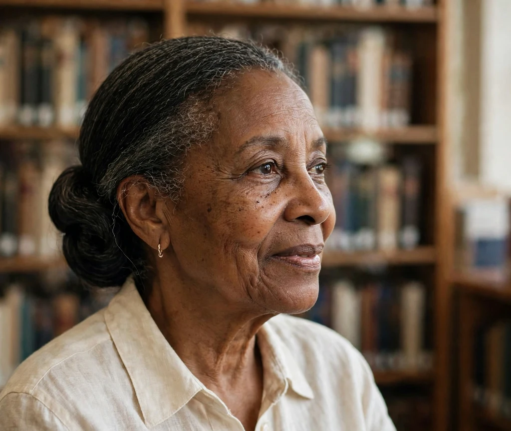 Black woman in her early sixties with an elegant low chignon wearing a cream blouse at a library