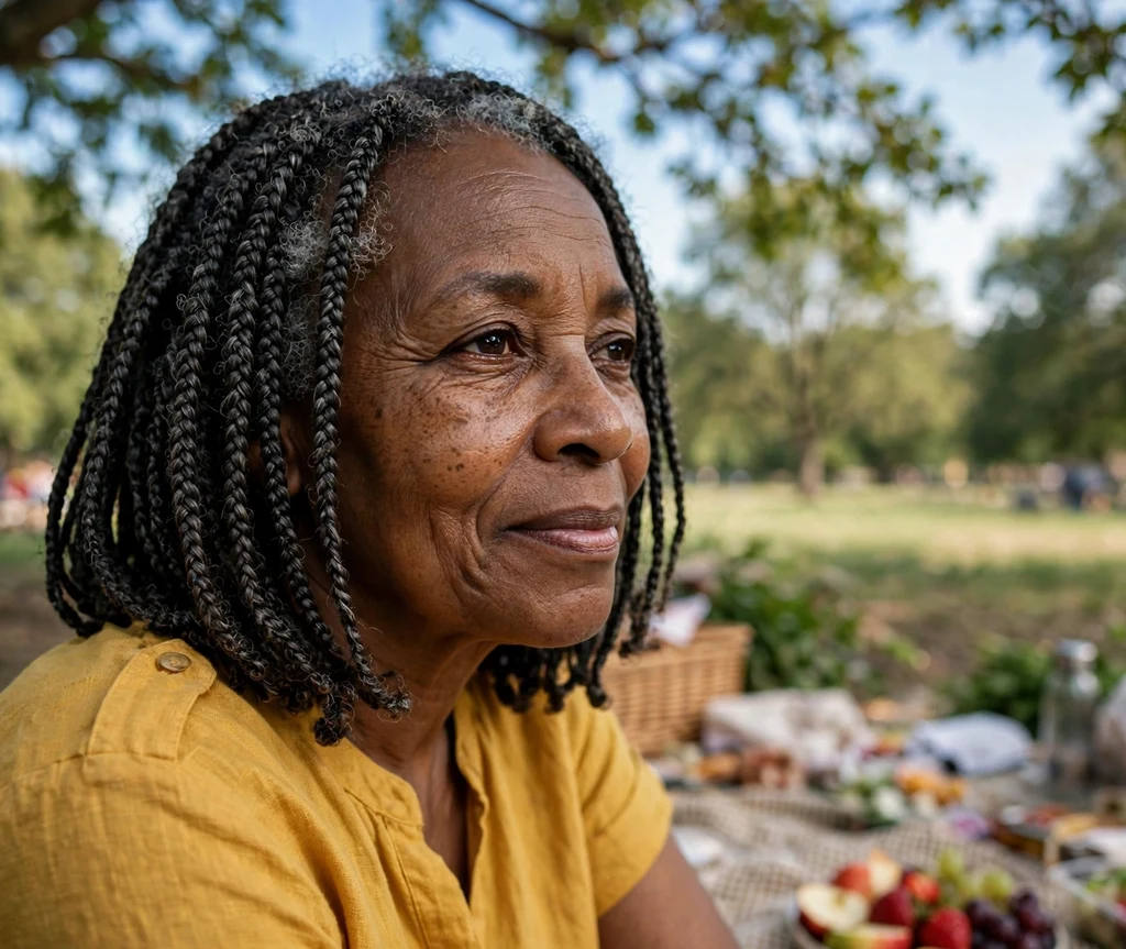 Black woman in her mid-fifties with beautiful shoulder-length box braids wearing a mustard yellow dress at a park picnic