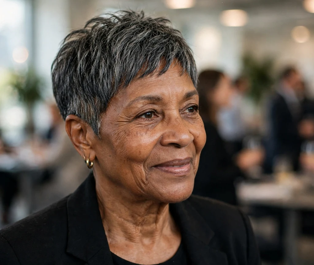 Black woman in her sixties with a chic pixie with tapered sides wearing a black blazer at an office event