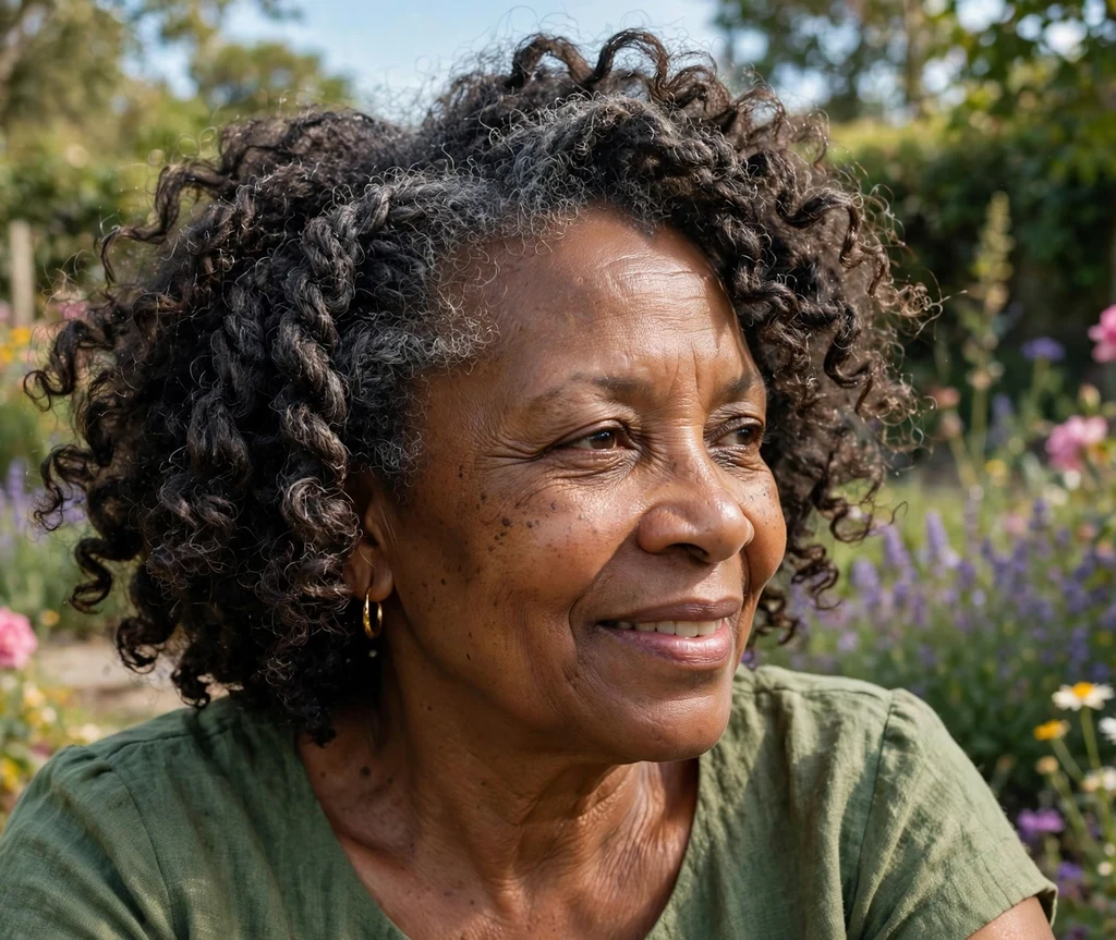 Black woman in her mid-fifties with a graceful two-strand twist out wearing a green dress in a garden