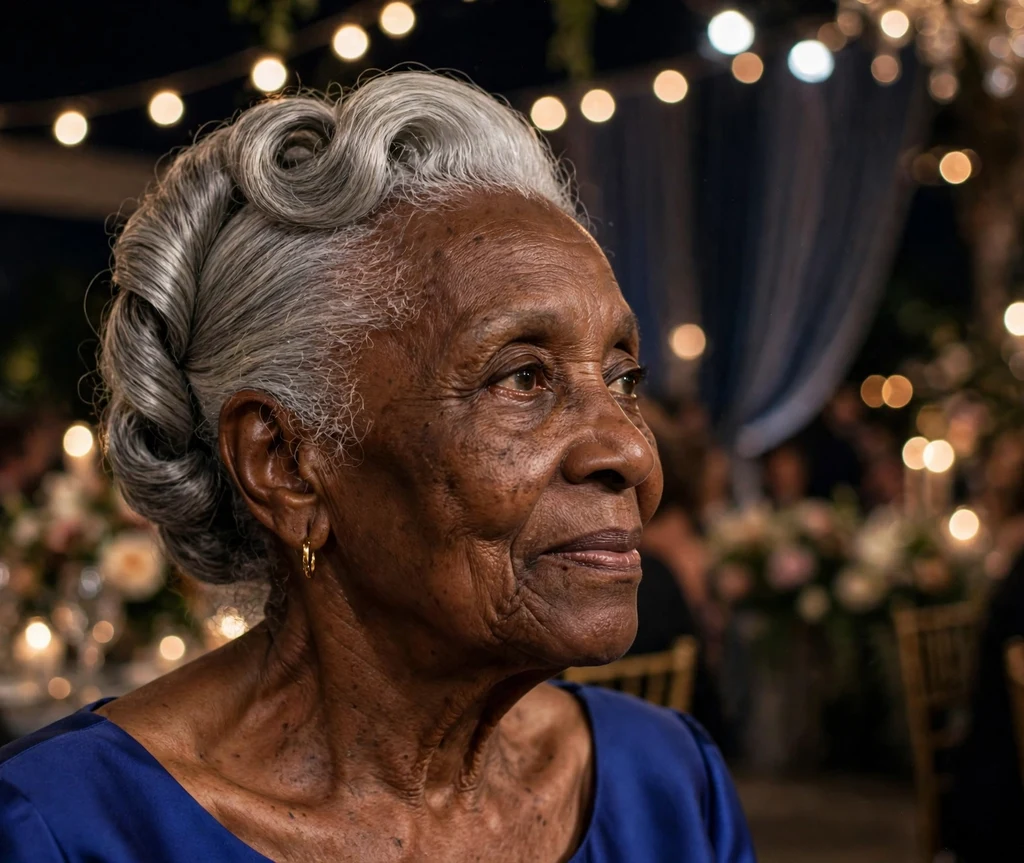Black woman in her seventies with a classic silver french twist wearing a royal blue dress at a gala