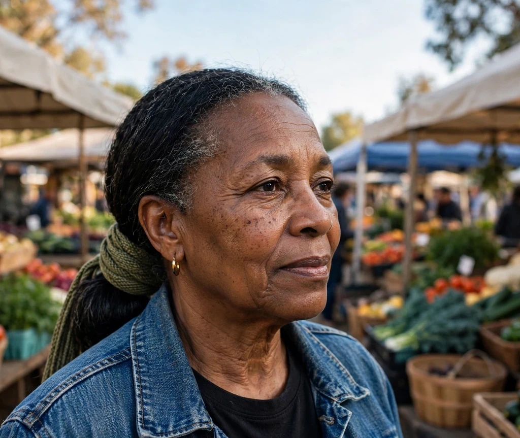Black woman in her late fifties with a dignified low ponytail with a hair wrap wearing a denim jacket at a farmers market
