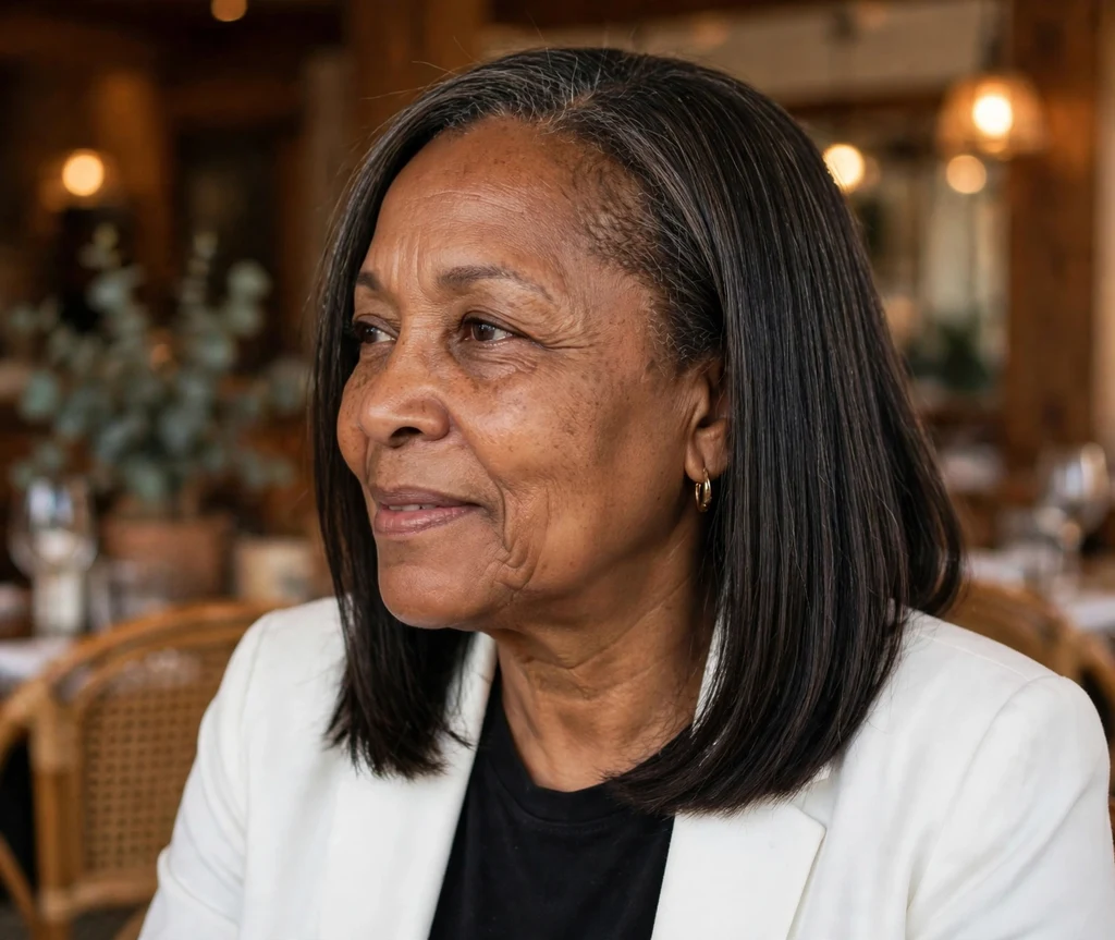 Black woman in her late fifties with a sleek straightened lob wearing a white blazer at a restaurant