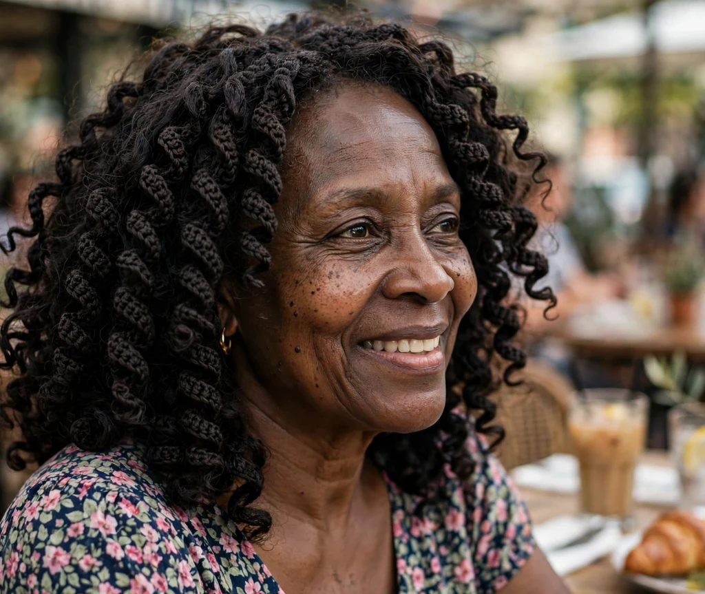 Black woman in her early fifties with charming crochet curls wearing a floral dress at brunch