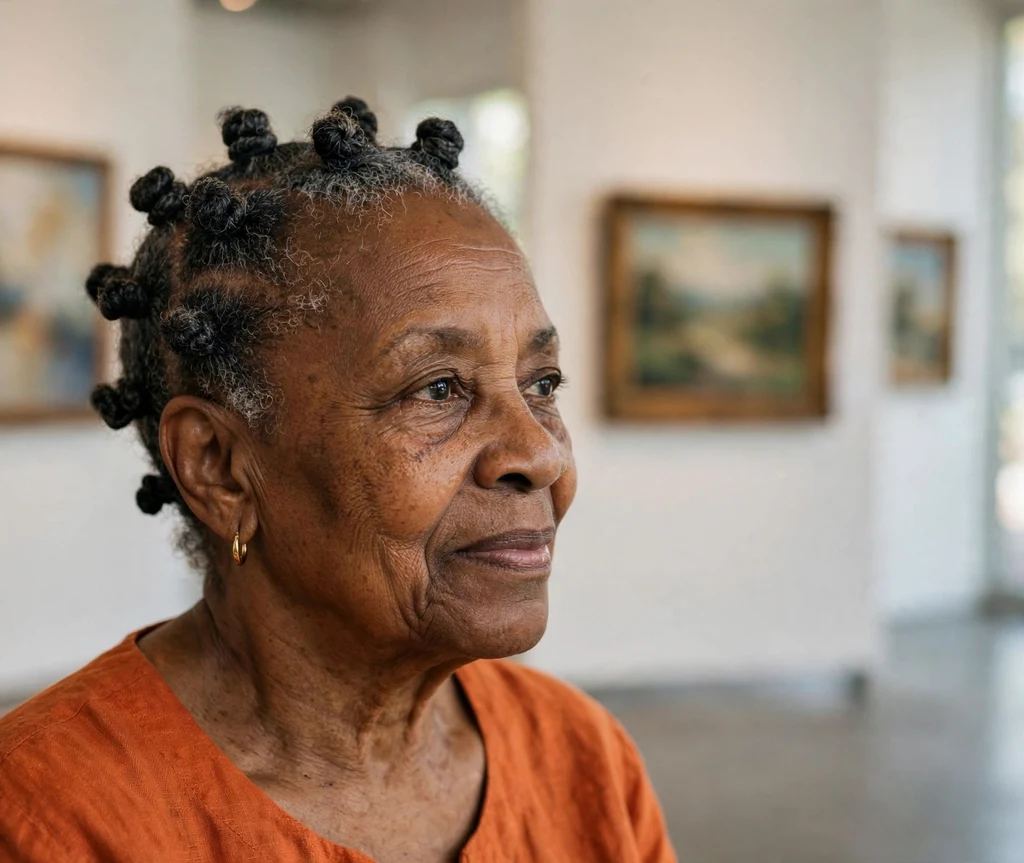 Black woman in her early sixties with a refined mini bantu knot updo wearing an orange top at an art gallery