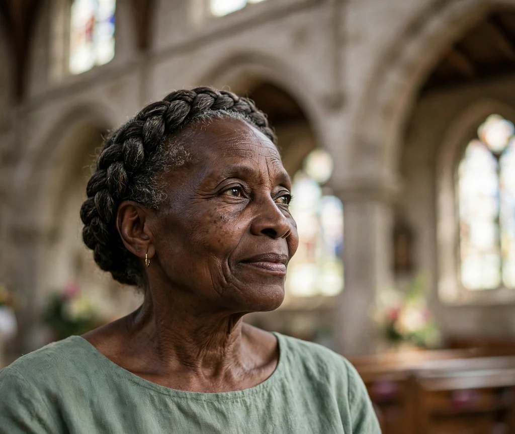 Black woman in her sixties with a timeless halo braid wearing a sage green dress at a church