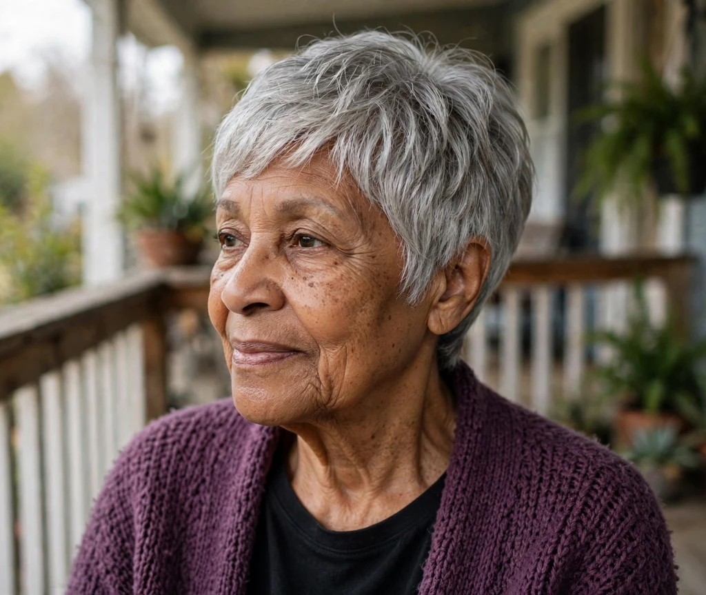 Black woman in her mid-sixties with a soft layered silver pixie wearing a plum cardigan on a porch