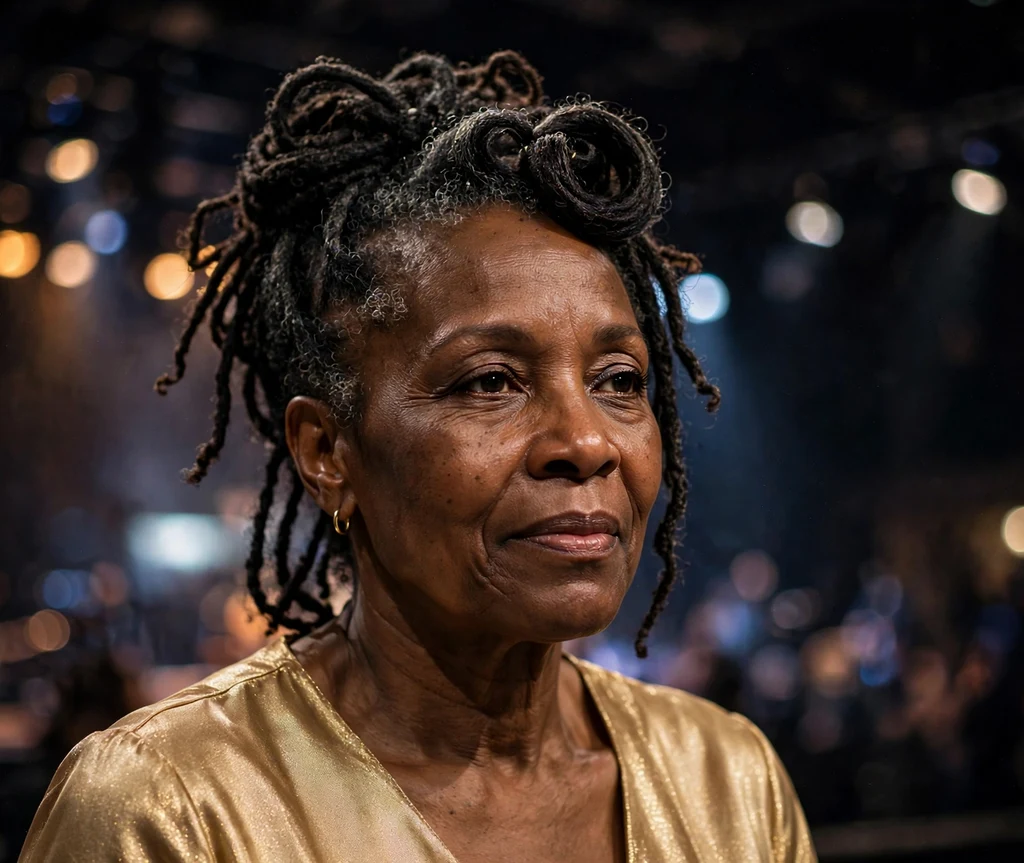 Black woman in her late fifties with an elegant pinned-up loc style wearing a gold top at a concert