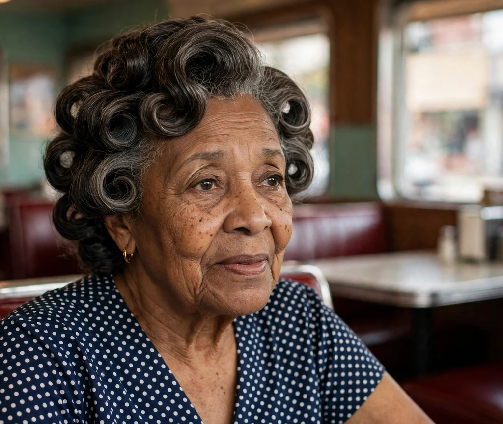 Black woman in her mid-sixties with classic roller set curls wearing a polka dot dress at a diner
