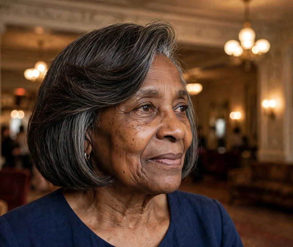 Black woman in her early sixties with a graceful side-swept bob wearing a navy dress at a theater