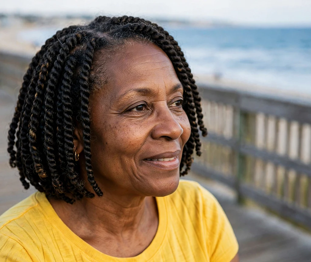 Black woman in her mid-fifties with a beautiful marley twist bob wearing a yellow top on a beach boardwalk