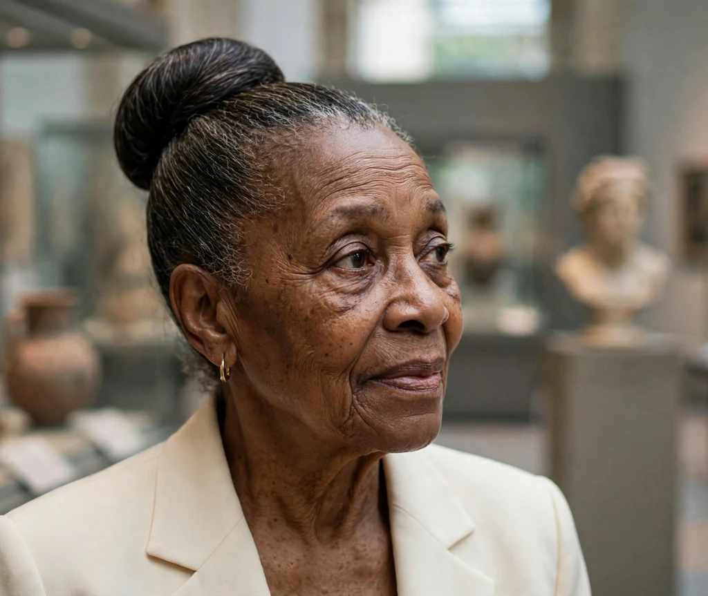 Black woman in her late sixties with a polished high bun wearing a cream suit at a museum