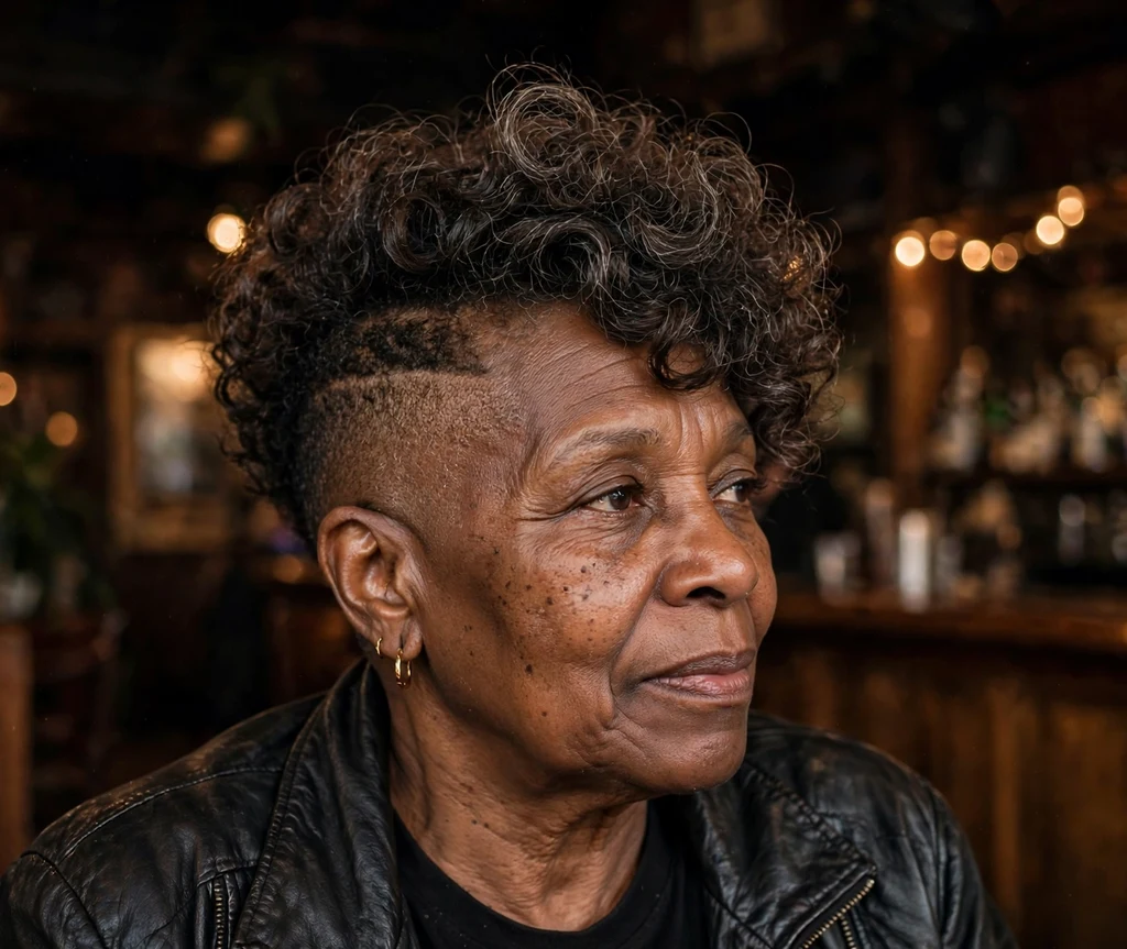 Black woman in her late fifties with a flattering curly fauxhawk wearing a leather jacket at a jazz club