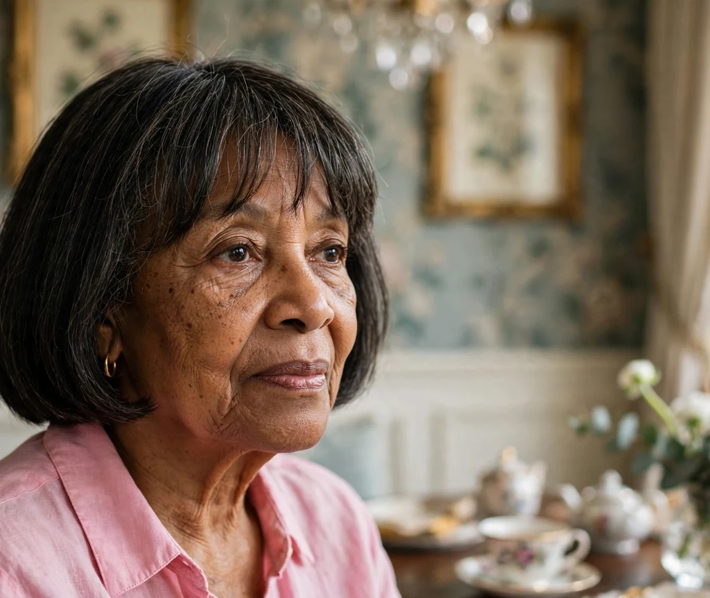 Black woman in her early sixties with a bob and wispy bangs wearing a pink blouse at a tea room