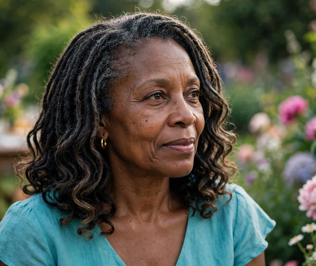 Black woman in her mid-fifties with elegant shoulder-length goddess locs wearing a turquoise dress at a garden party