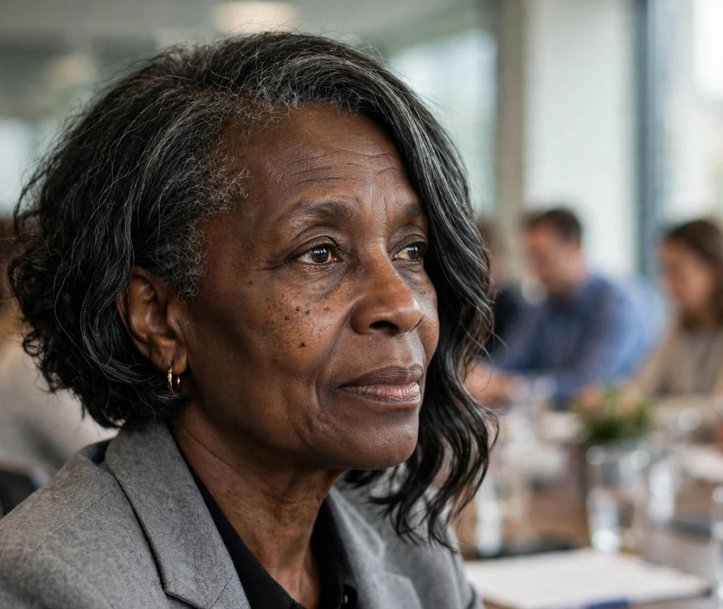 Black woman in her sixties with a sophisticated asymmetrical bob wearing a gray blazer at a conference