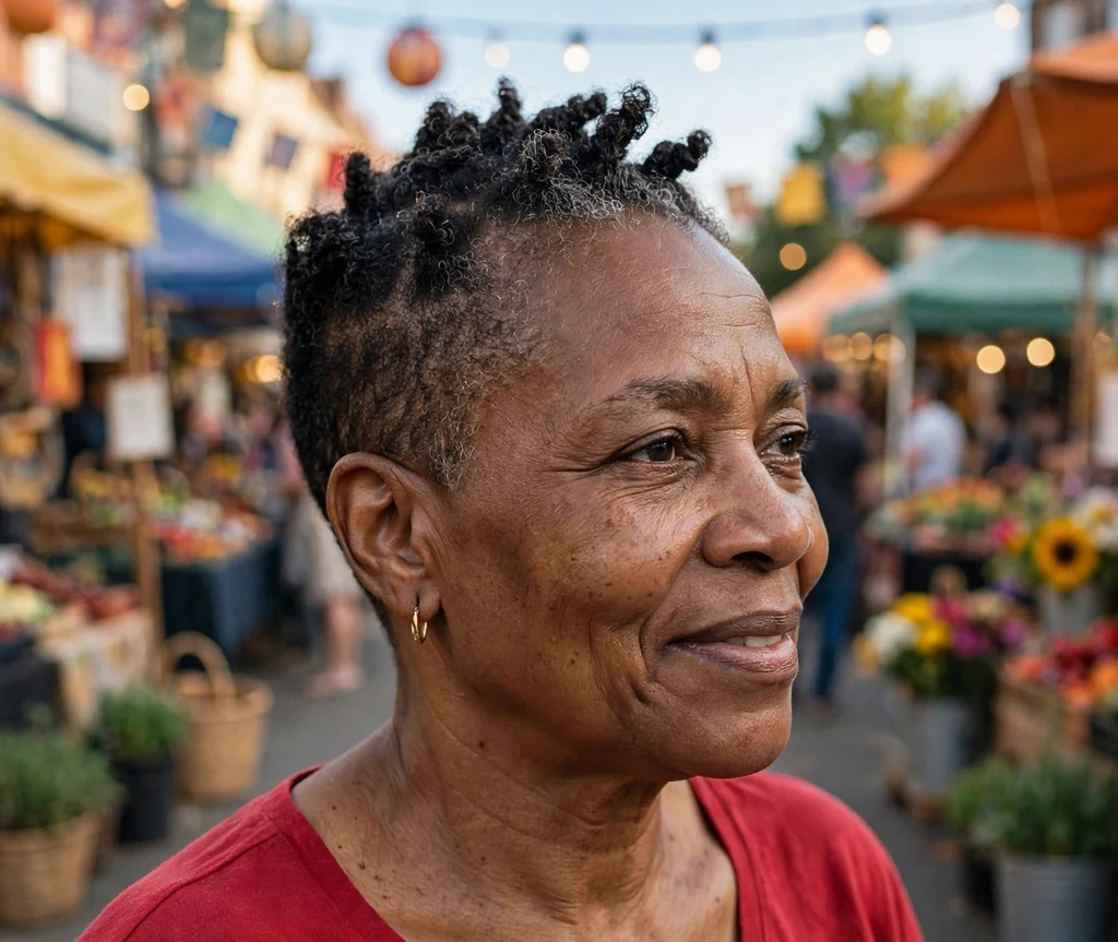 Black woman in her mid-fifties with a lovely tapered twist out wearing a red top at a street fair