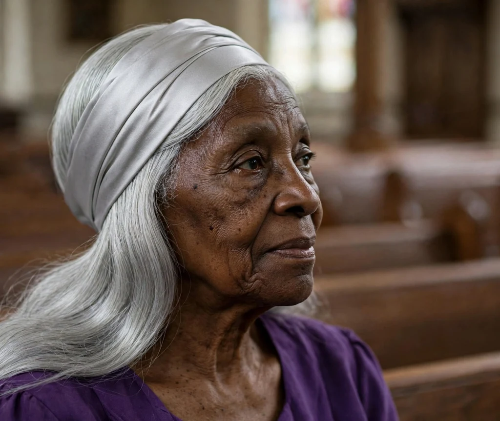 Black woman in her late sixties with a classic silver wrap style wearing a purple dress at a church service