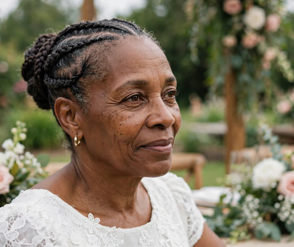 Black woman in her late fifties with a graceful cornrow updo wearing a white dress at a wedding