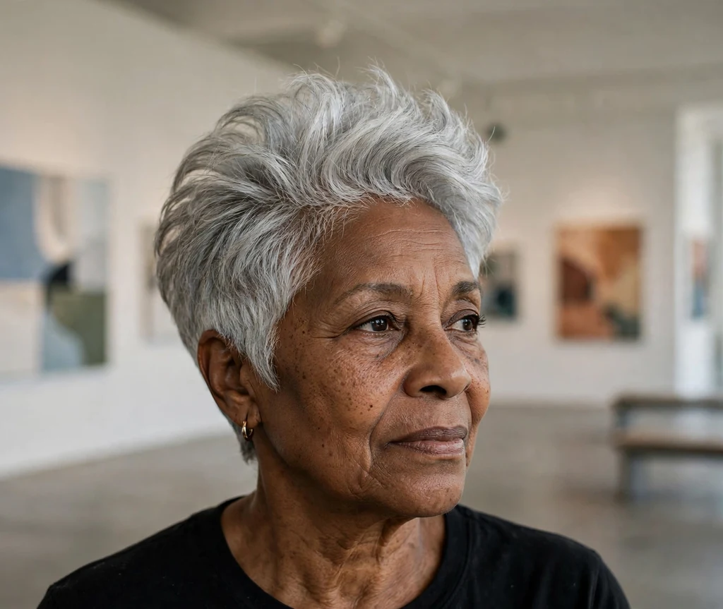 Black woman in her mid-sixties with a chic voluminous silver pixie wearing a black top at an art gallery