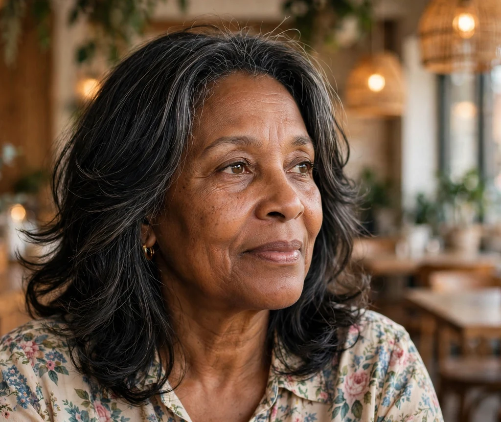 Black woman in her late fifties with beautiful shoulder-length layers wearing a floral blouse at a cafe