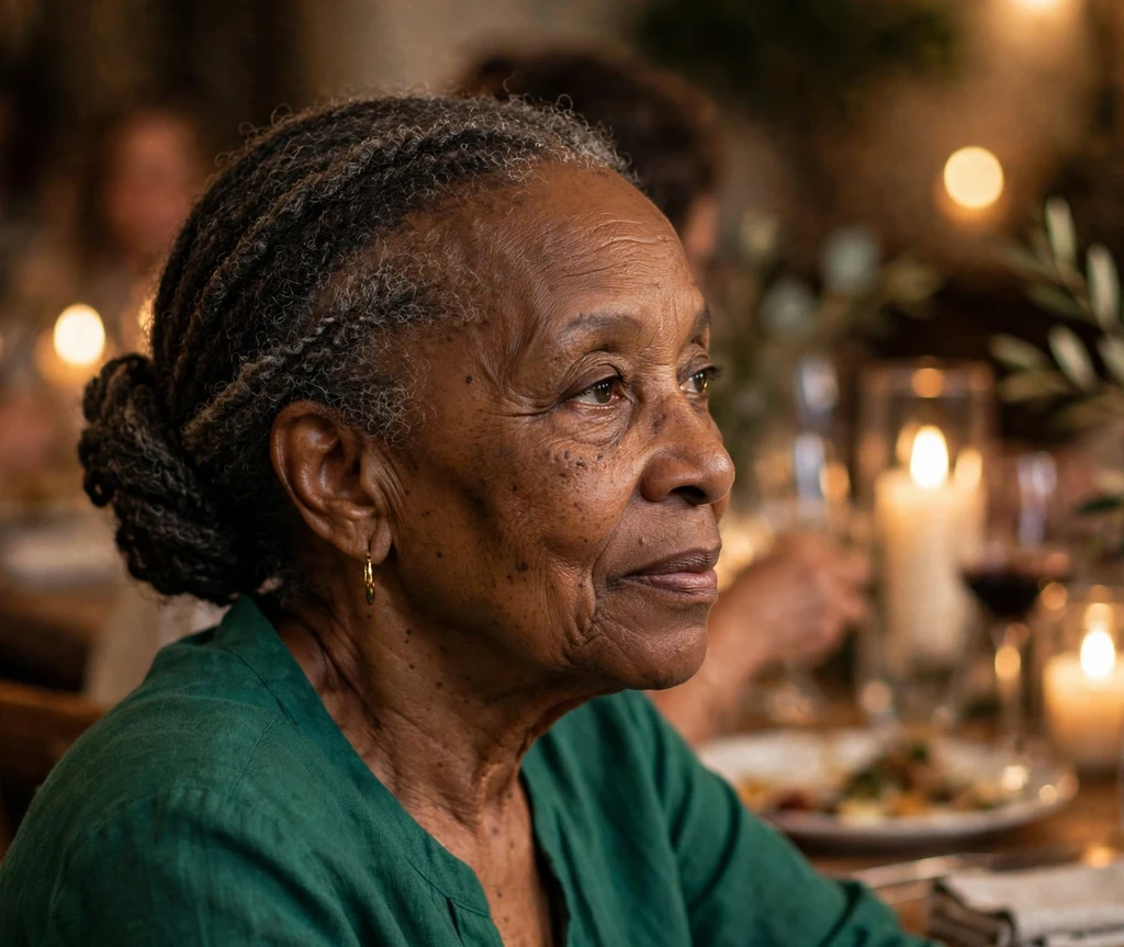Black woman in her early sixties with a refined low twisted bun wearing an emerald top at a dinner party