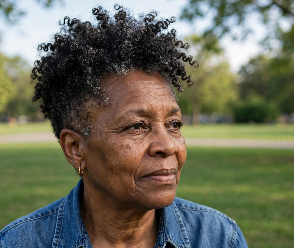 Black woman in her mid-fifties with a coily top and tapered sides wearing a denim shirt in a park