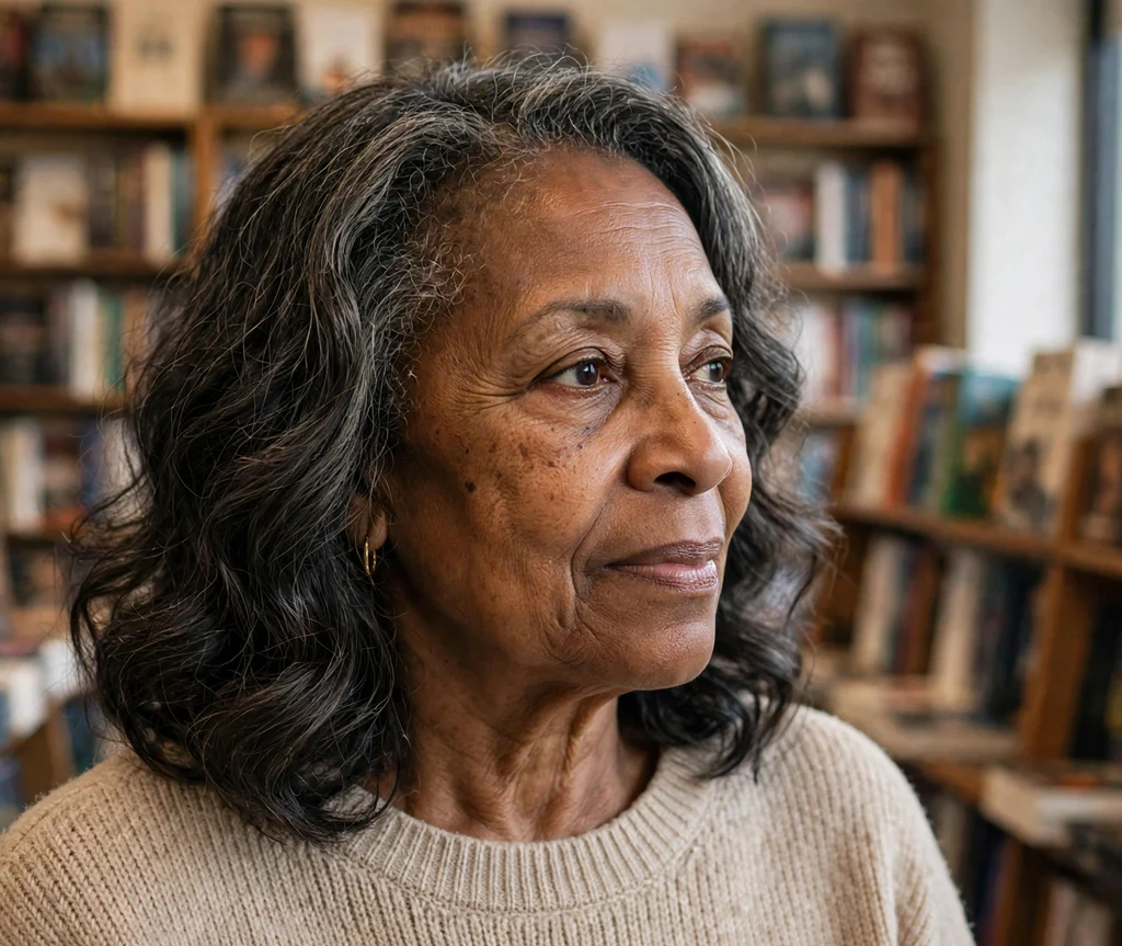 Black woman in her early sixties with elegant shoulder-grazing waves wearing a beige sweater at a bookstore