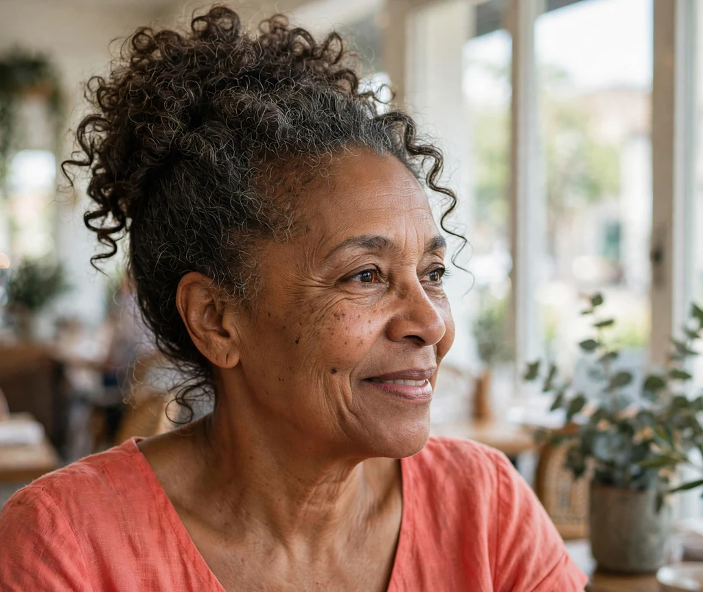 Black woman in her late fifties with a charming pineapple updo wearing a coral dress at brunch