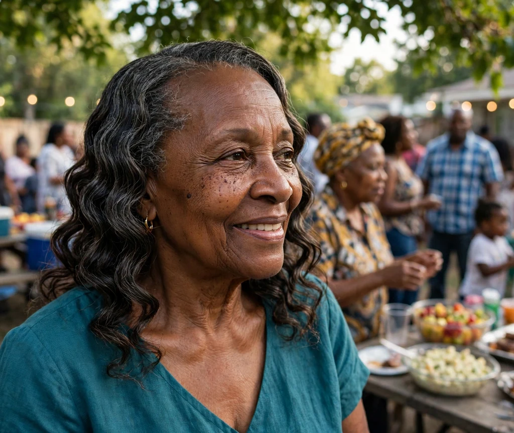 Black woman in her mid-sixties with a graceful flat twist out wearing a teal dress at a family reunion