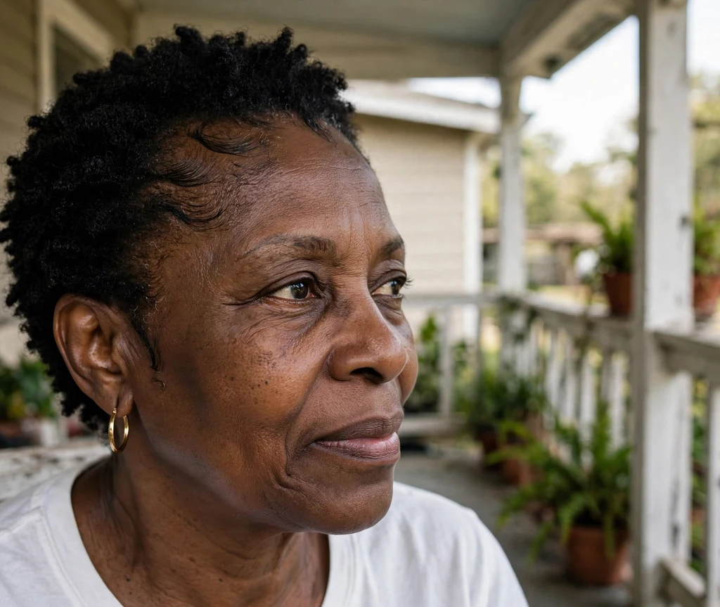 Black woman in her sixties with classic short coils and laid edges wearing gold earrings and a white top on a porch