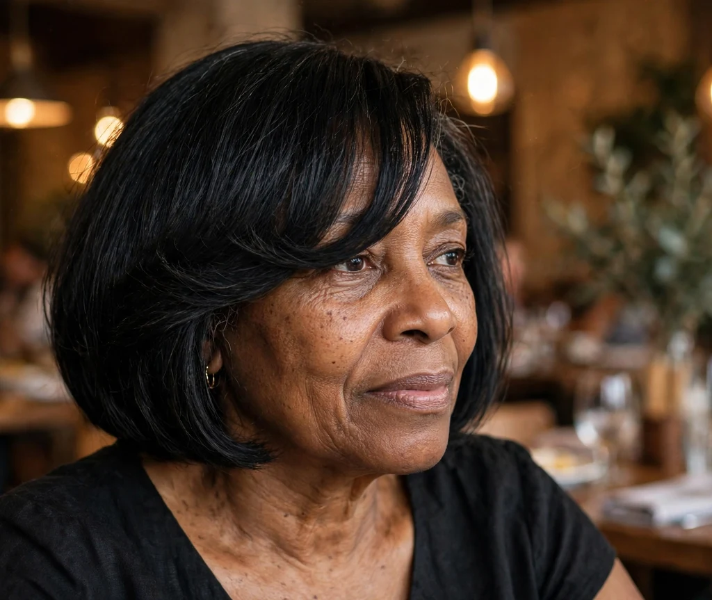 Black woman in her mid-fifties with a sophisticated swoop bang bob wearing a black dress at a restaurant