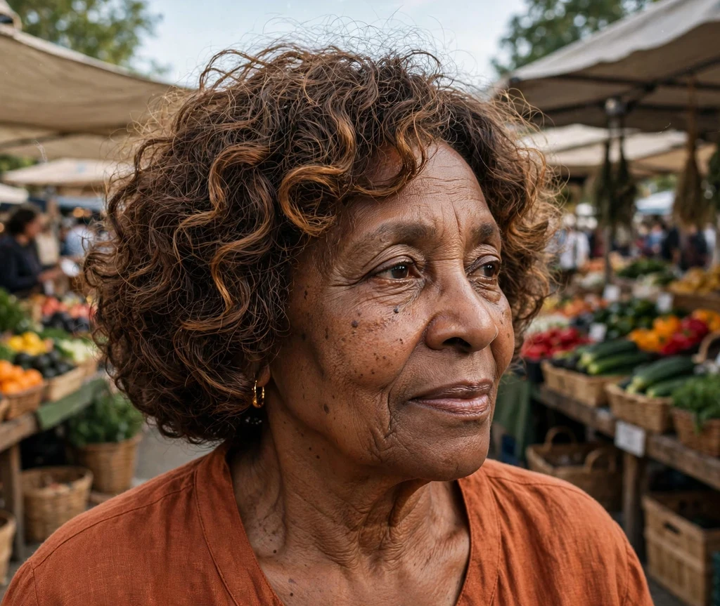 Black woman in her early sixties with a curly bob with warm highlights wearing a rust top at a market