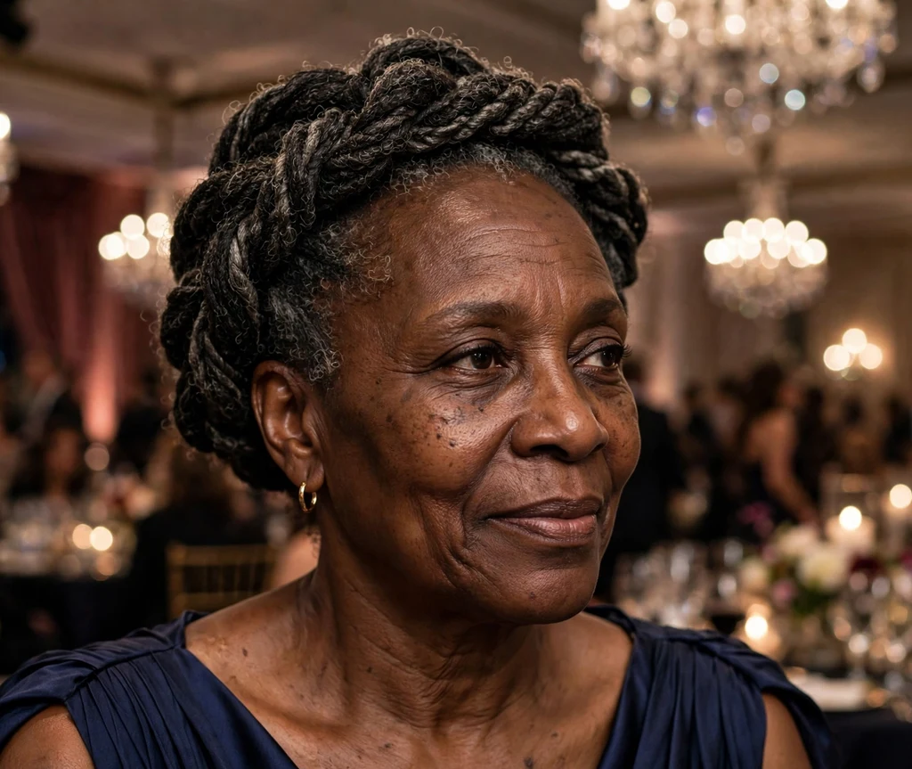 Black woman in her late fifties with an elegant twisted crown updo wearing a navy gown at a gala