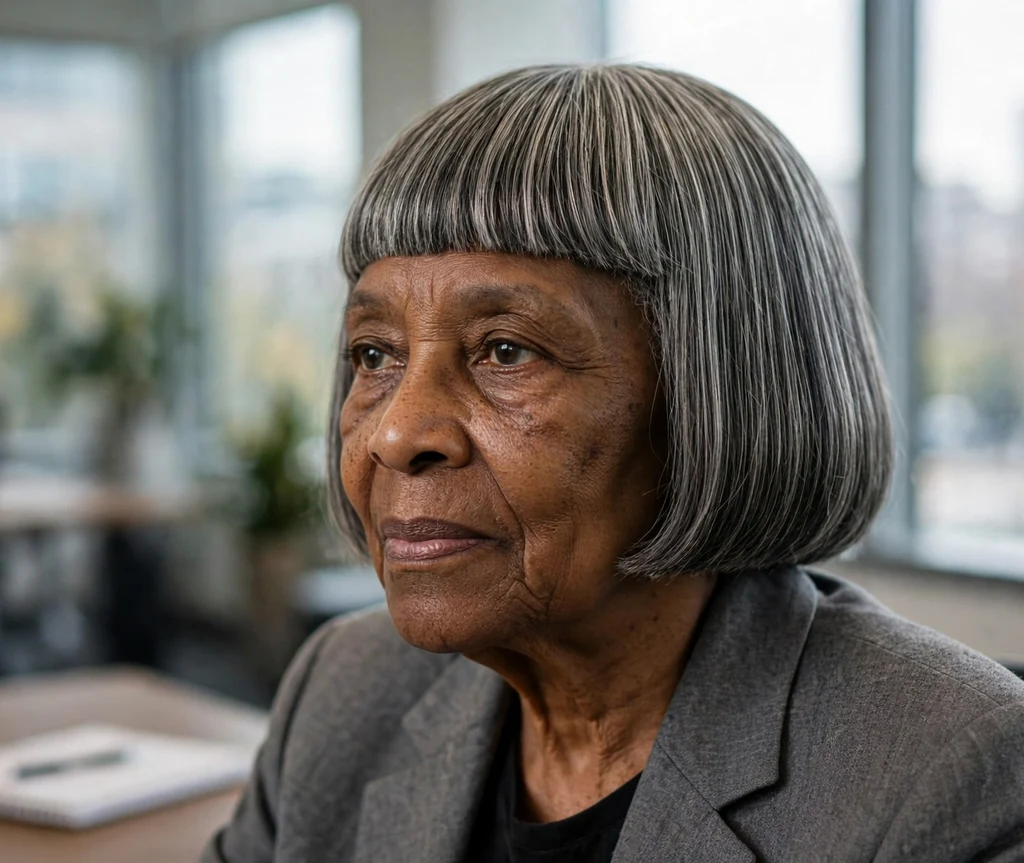 Black woman in her mid-sixties with a timeless blunt cut bob wearing a gray suit at an office