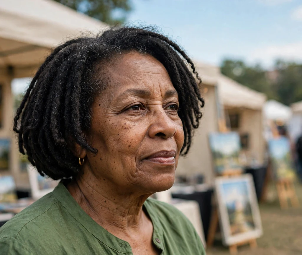 Black woman in her mid-fifties with a beautiful soft loc bob wearing a green top at an art fair