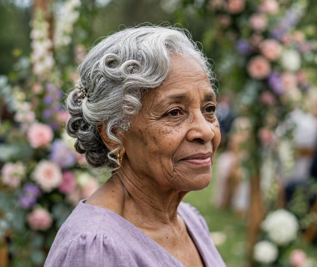Black woman in her late sixties with a refined pinned curls updo wearing a lavender dress at a wedding