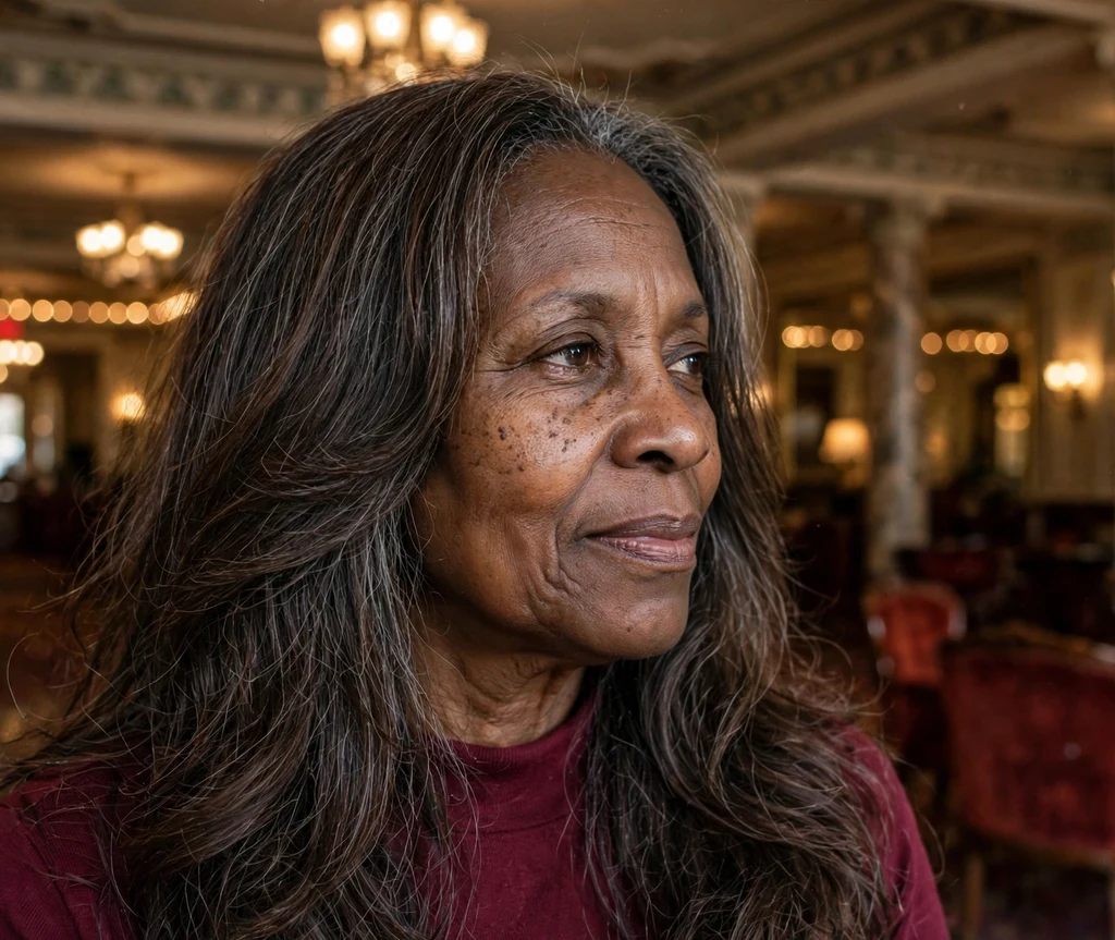 Black woman in her late fifties with a graceful long layered cut wearing a burgundy top in a theater lobby