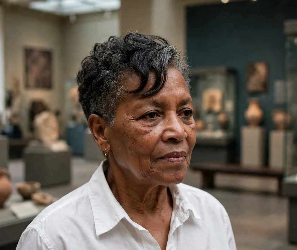 Black woman in her early sixties with a chic side-parted tapered cut wearing a white shirt at a museum