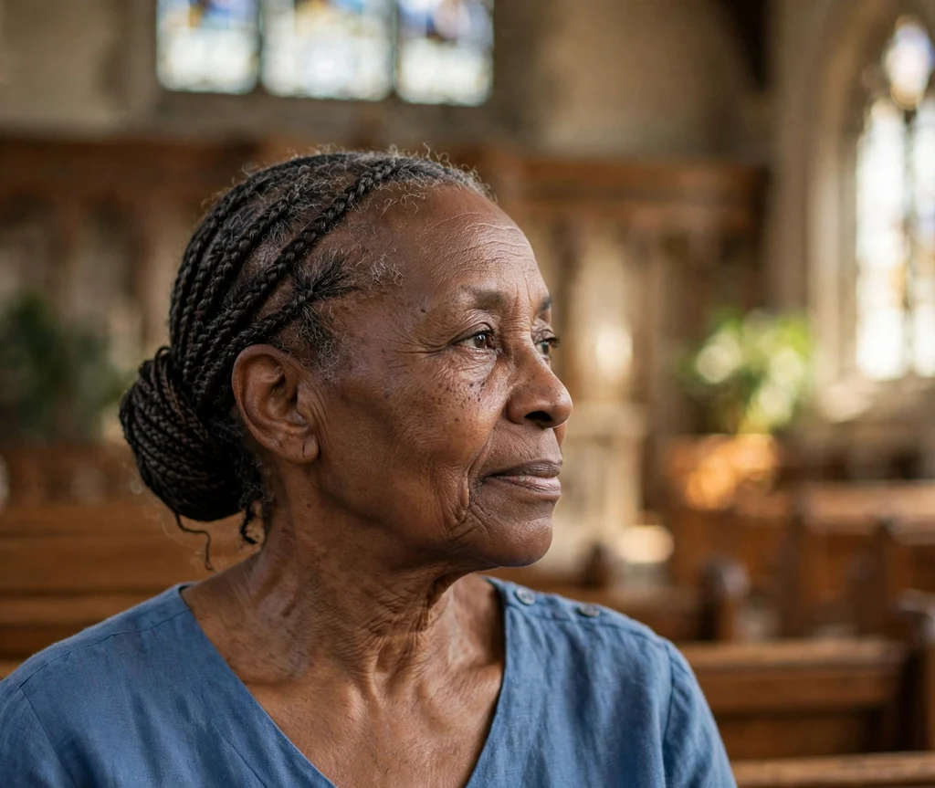 Black woman in her sixties with a classic braided low bun wearing a blue dress at church