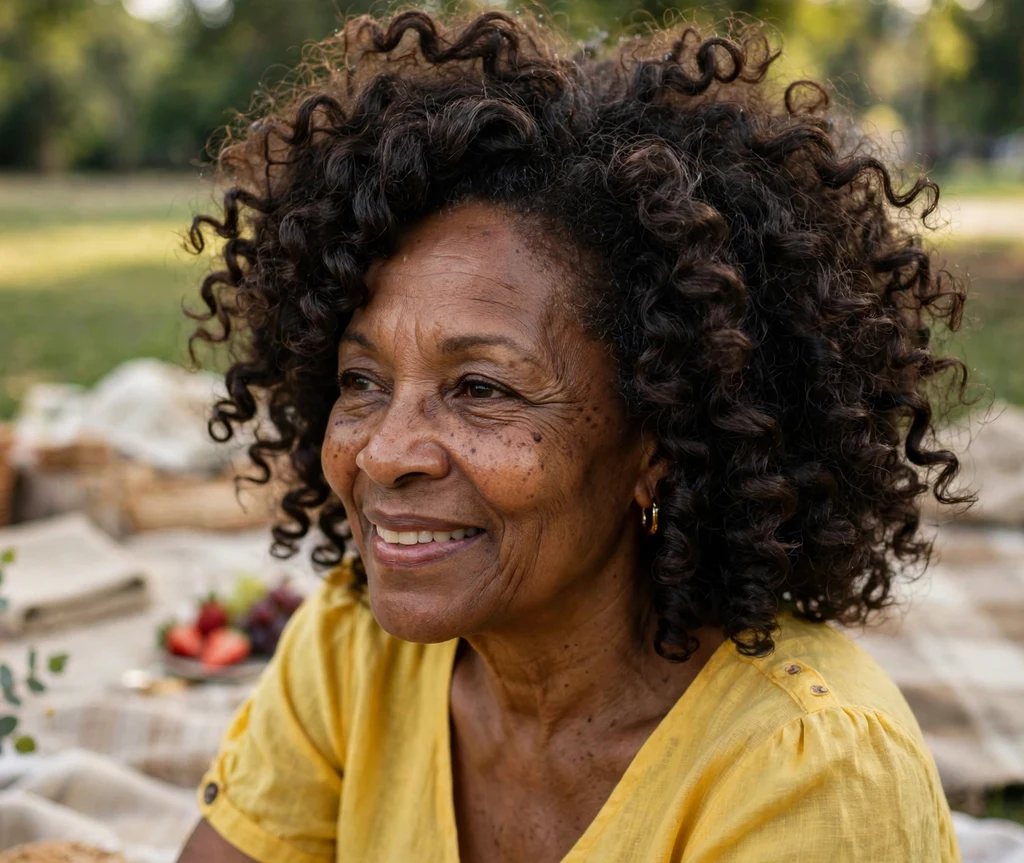 Black woman in her mid-fifties with a lovely voluminous twist out wearing a yellow dress at a picnic