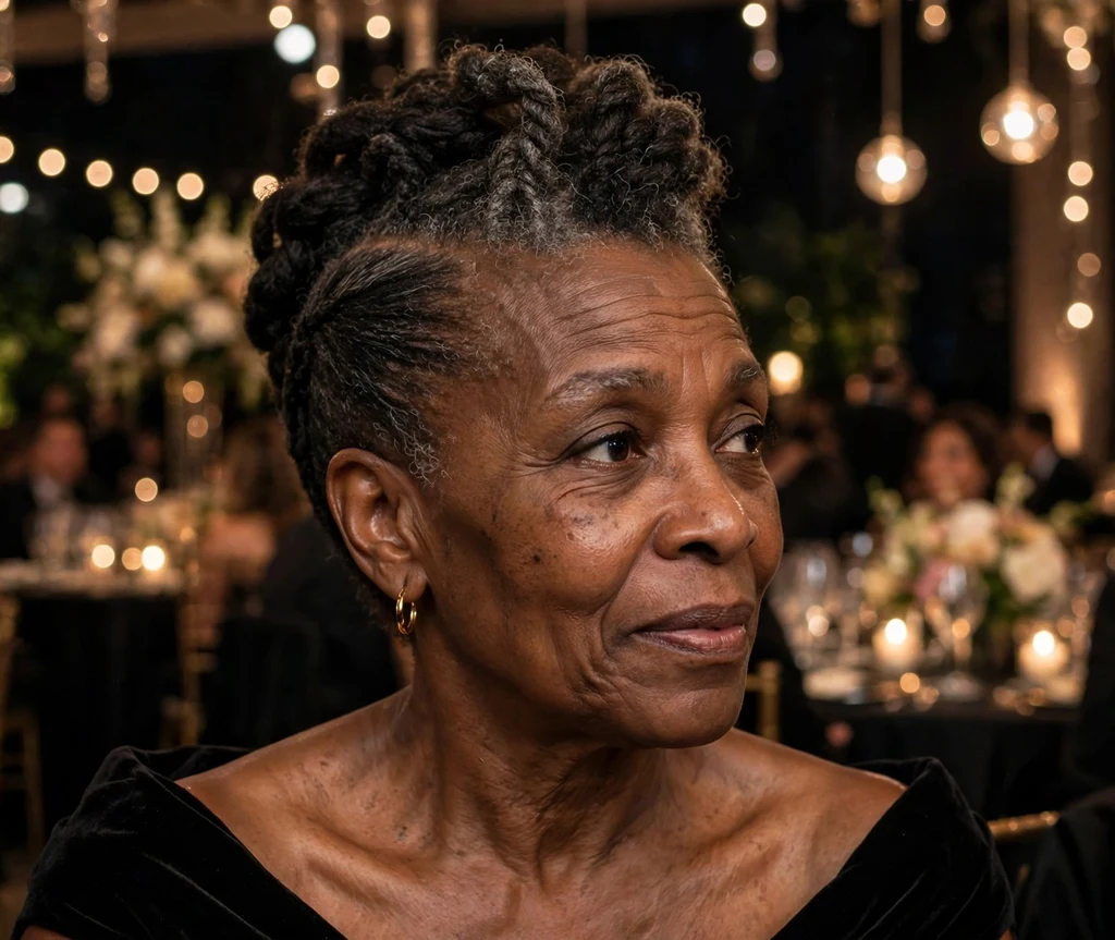 Black woman in her late fifties with an elegant twisted fauxhawk updo wearing a black gown at a gala