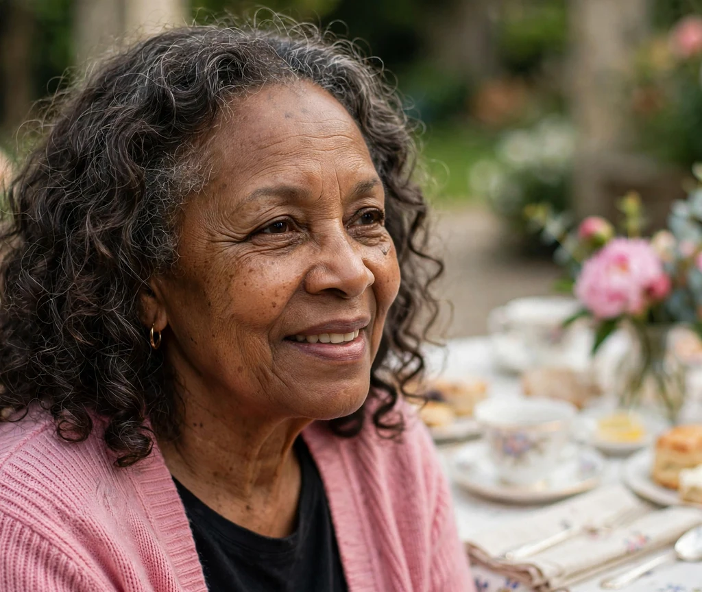 Black woman in her mid-sixties with timeless shoulder-grazing curls wearing a pink cardigan at a tea party