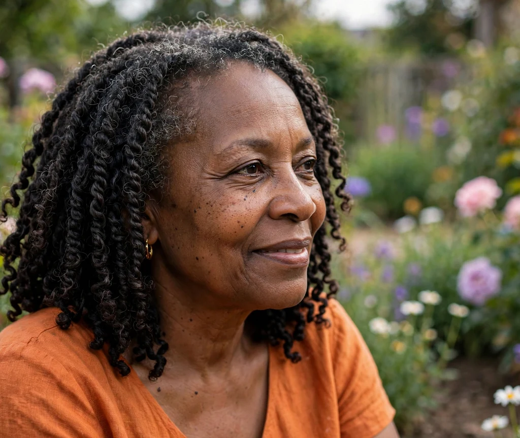 Black woman in her mid-fifties with a beautiful kinky twist shoulder style wearing an orange dress in a garden
