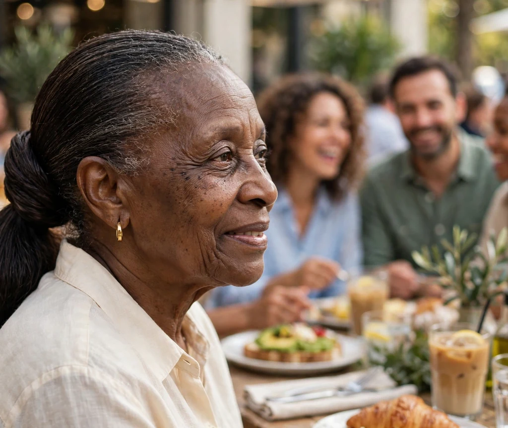 Black woman in her early sixties with a sophisticated wrapped ponytail wearing a cream blouse at brunch