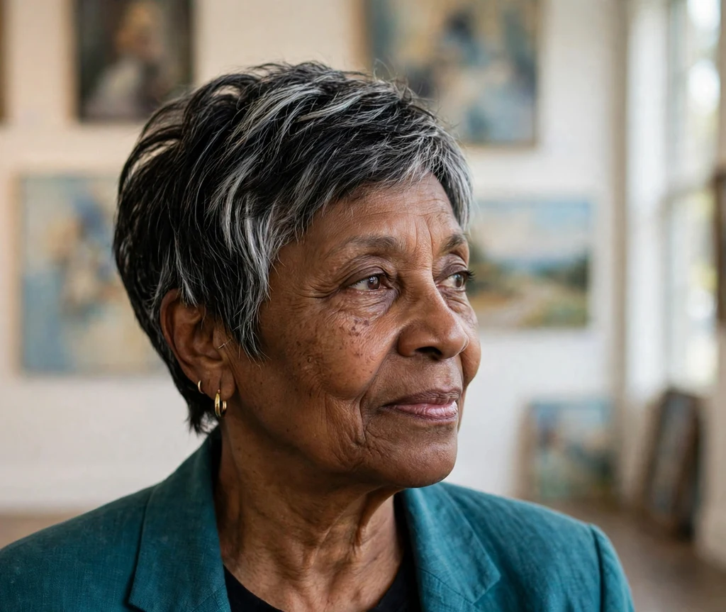 Black woman in her late sixties with a graceful silver-streaked pixie wearing a teal blazer at an art gallery