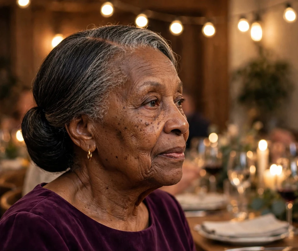 Black woman in her mid-sixties with a classic low chignon with a side part wearing a plum dress at a dinner party
